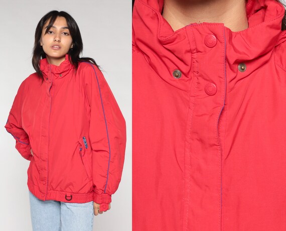 Eddie Bauer Jacket 90s Red Hooded Windbreaker Snap Zip Up Hoodie Warm Up Jacket Retro Plain Basic Nylon Shell Hood Vintage 1990s Large L