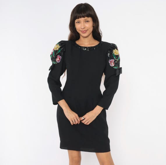 Sequin Floral Shoulder Dress 90s Black Cocktail Shift Beaded Puff Sleeve Party Embellished Evening Jack Bryan Back Zip Small To Medium S M