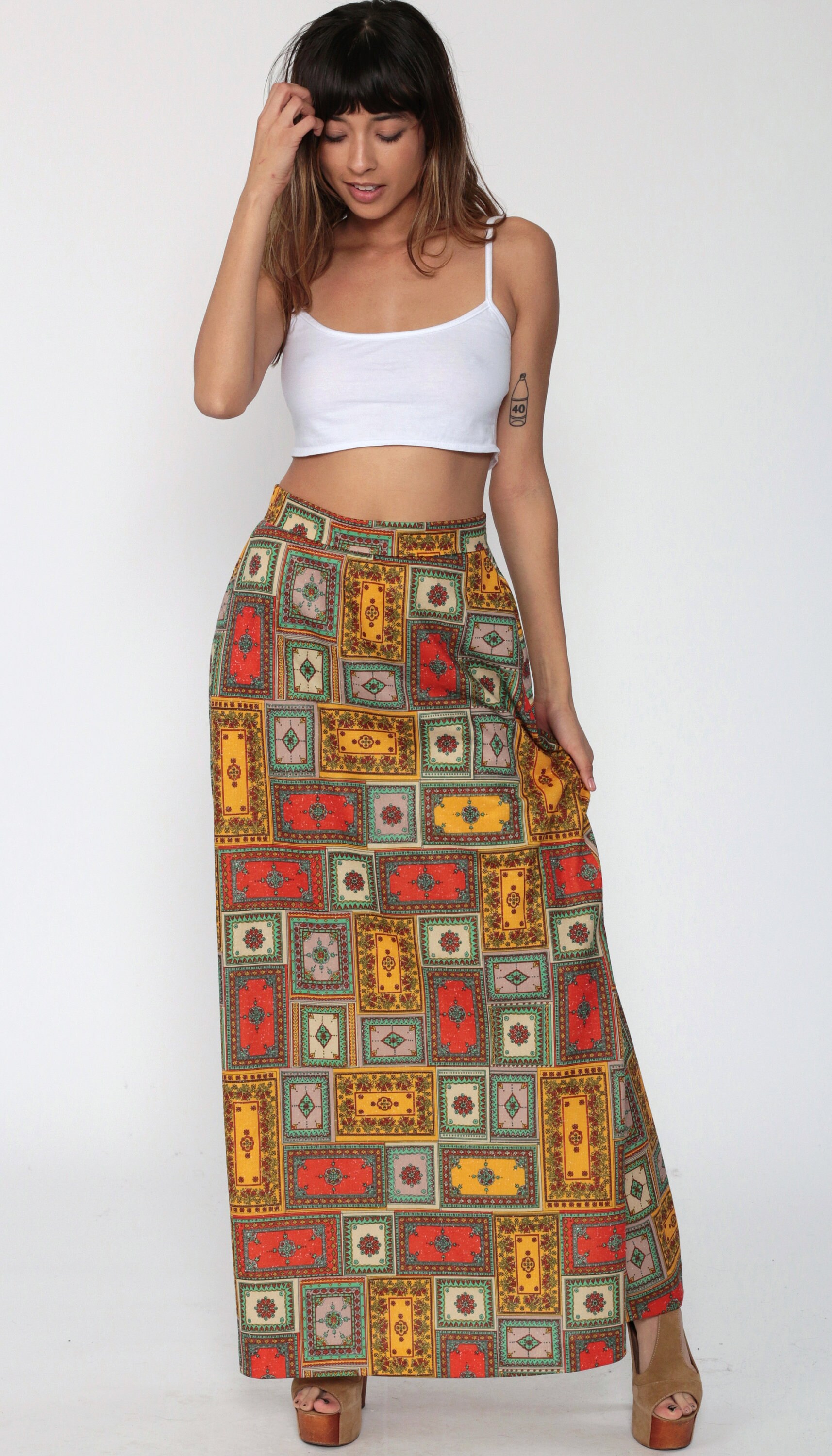 Bohemian Hippie Skirt Persian Rug Print Maxi Skirt 70s Long Patchwork ...