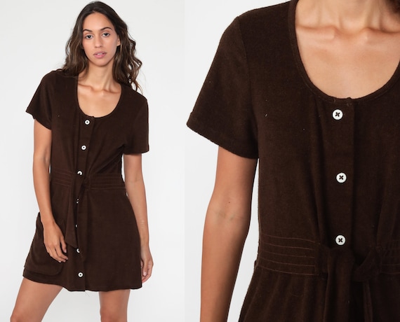 Brown Terry Dress 70s Terry Cloth Dress Mini Butto