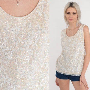 60s Sequin Top Beaded Floral Tank Tank Top Sparkly Party Mod Sleeveless Blouse Sequined Evening Sixties Glam Jackie O Vintage 1960s Large L