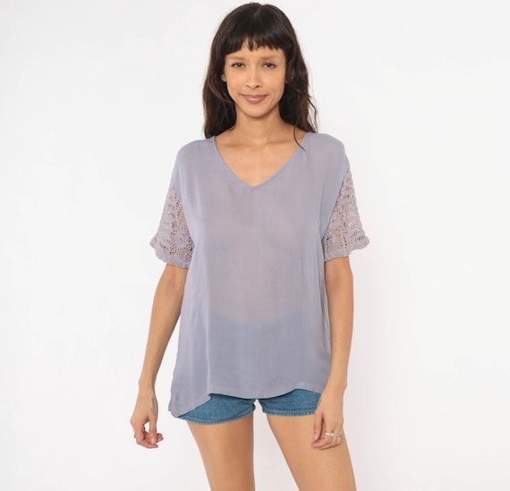 90s Lavender Crochet Sleeve Blouse Lilac Top Semi Sheer Violet Shirt Relaxed Fit Purple Summer Gauze Cottagecore Periwinkle Vintage Small S