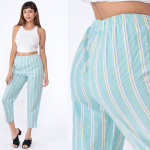 80s Striped Pants Pastel Green Pink Seersucker Elastic Waist Trousers High Waisted Slacks 1980s Tapered Leg Casual Pants Vintage Small 4 image 1