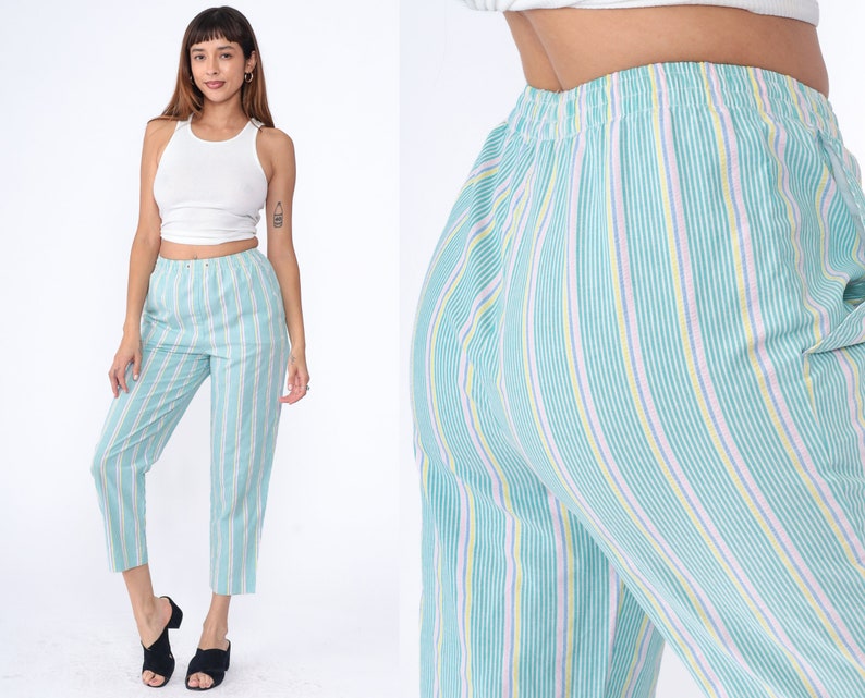 80s Striped Pants Pastel Green Pink Seersucker Elastic Waist Trousers High Waisted Slacks 1980s Tapered Leg Casual Pants Vintage Small 4 image 1