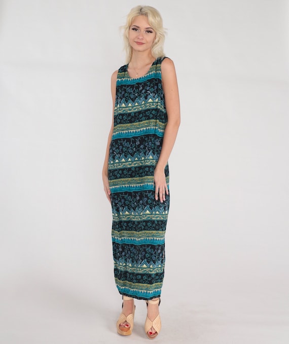Floral Sundress Y2k Striped Flower Maxi Dress Jumper Shift Flower Print Sleeveless Summer Day Dress Side Slit Black Blue Vintage 00s Large L