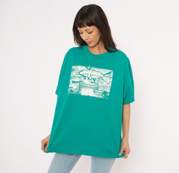 Teal Las Vegas Tee 90s Souvenir Shirt Cotton Tourist City Skyline White Nevada Travel Boxy Fit Vintage Plus Size Extra Extra Large XXL
