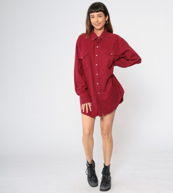 Red Western Shirt 90s Pearl Snap Shirt Button Up Collared Cowboy Top Plain Solid Rodeo Collar Long Sleeve Karman Vintage 1990s Large xl