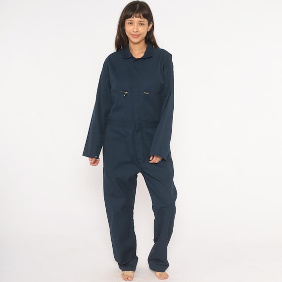 Navy Coveralls 80s Key Jumpsuit Zip Front Work Wear Boiler Suit Long Sleeve Dark Blue Mechanic Uniform One Piece Vintage Medium 40 Regular