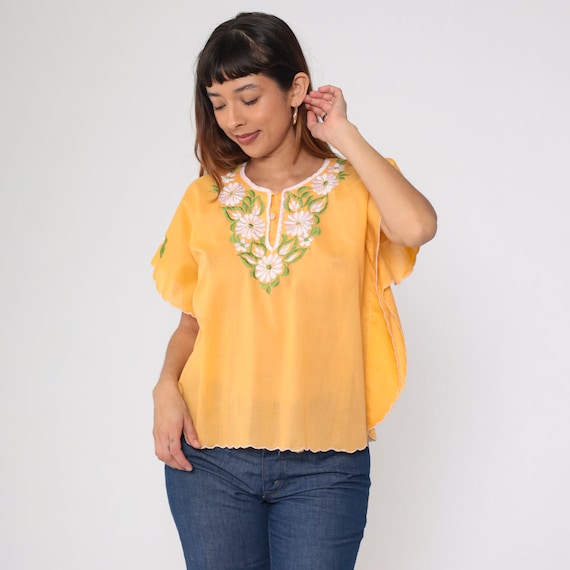 Floral Embroidered Blouse 70s Orange Top Flower Embroidery Wide Angel Sleeve Shirt Hippie Boho Seventies Summer Retro Vintage 1970s Medium M