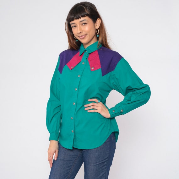 90s Rodeo Blouse Teal Green Button Up Western Shirt Purple Pink Color Block Draped Yoke Capelet Long Sleeve Cowgirl Top Vintage 1990s Medium