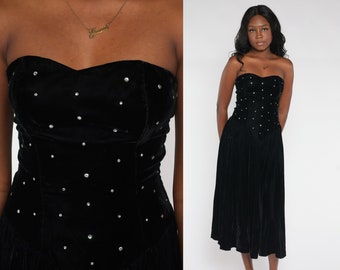 Black Velvet Party Dress 80s Strapless Beaded Rhinestone Midi Dress Sweetheart Neckline Gothic Cocktail Basque Waist Vintage 1980s Small 7