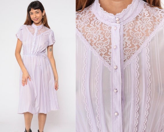 70s Prairie Dress Lavender Midi Lace Yoke Ruffle … - image 1