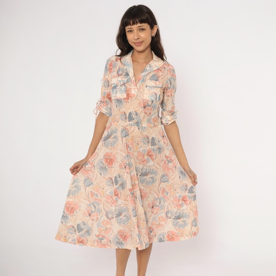 Watercolor Floral Midi Dress Notched Collar Tie Sleeve Blush Pink Blue Peach Pocket Front Button Prairie Cottagecore Summer Vintage Medium M