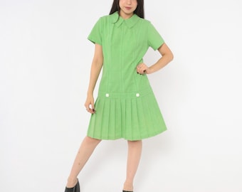 60s Green Mod Scooter Dress Pleated Skirt Peter Pan Collar Drop Waist Cotton Shift White Topstitch Lime Go Go A Line Tennis Vintage Medium M