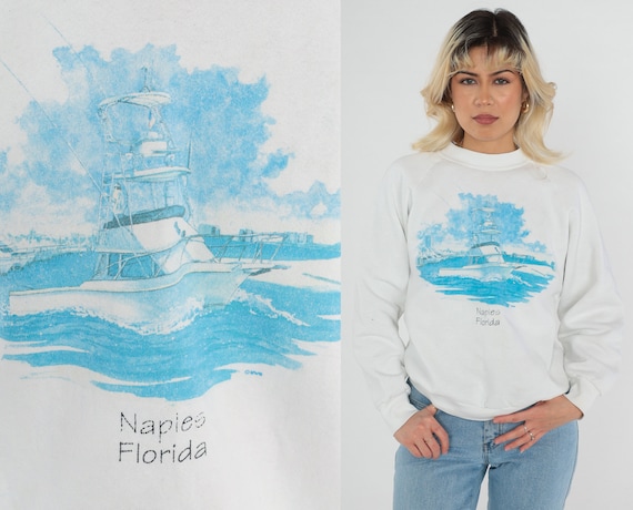 Boat Sweatshirt 90s Naples Florida Sweatshirt Nautical Sailing Yacht Graphic Tourist Sweater Raglan Sleeve White Vintage 1990s Medium Large