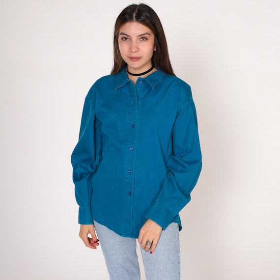 Blue Western Blouse 90s Wrangler Top Button up Shirt Lace Up Long Sleeve Collared Rodeo Westernwear Plain Basic Cowgirl Vintage 1990s Medium