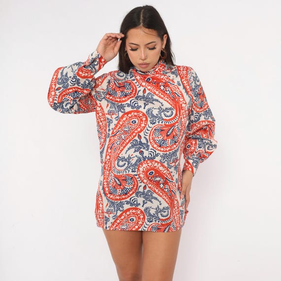 70s Paisley Blouse Mock Neck Red White Navy Blue Long Bishop Balloon Sleeve Tunic Top  Psychedelic Print Mod Disco Shirt Vintage Medium M