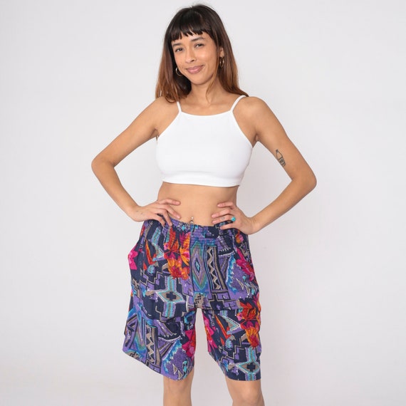 90s Shorts Abstract Floral Wide Leg Shorts Geometric Print Baggy Boho High Waisted Summer Purple Vintage 1990s Extra Small Medium XS S M