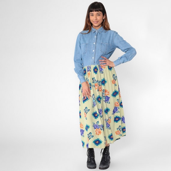 Vintage Floral Denim Dress 90s Maxi Southwest Jean Dress Summer 1990s Button Up High Waist Shirtdress Ditsy Long Sleeve Blue Chambray Small