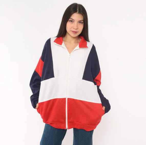 80s Color Block Sweatshirt Navy Red White Striped Track Jacket Athletic Fleece Windbreaker Sporty Streetwear Vintage Active Mens Large L