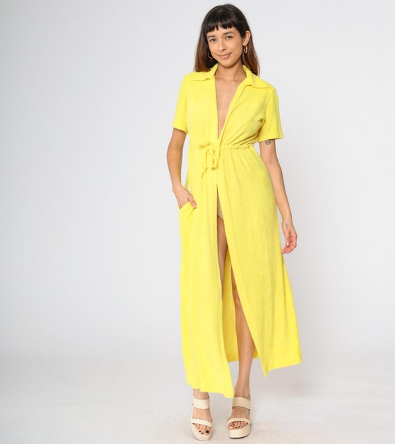 Vintage 70s Yellow Terry Cloth Dress Beach Coverup Yellow V Neck 1970s Maxi Lounge High Waisted High Slit Short Sleeve Summer Medium