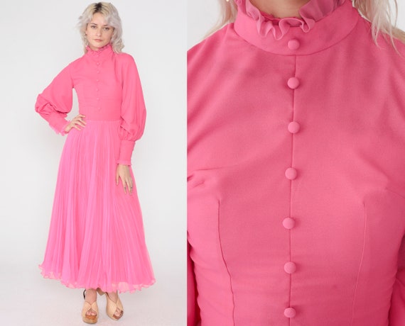 Hot Pink Dress 70s Maxi Dress Long Balloon Sleeve High Neck Ruffled Pleated Chiffon Prom Full Length Vintage 1970s Extra Small xs