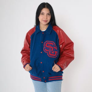 90s Letterman Jacket Blue Red Varsity Wool Jacket SG Baseball Jacket Snap Up Bomber Retro Sports Vintage 1990s Men&#39;s Large L