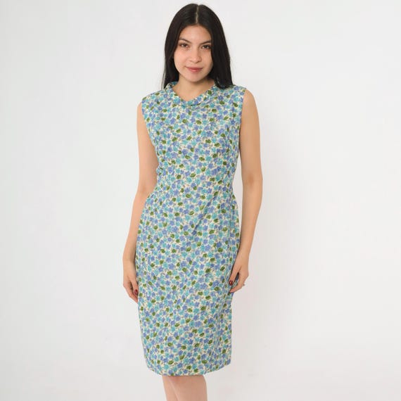 60s Floral Pencil Dress Vintage Blue Green Midi Sleeveless Sheath Mid Century Sleeveless Silk Mad Men Dress Knee Length Extra Small xs