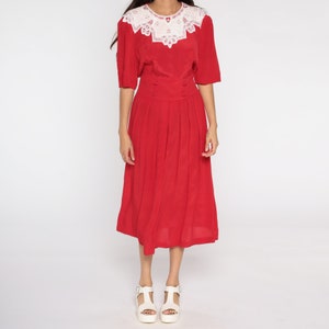 Red Pleated Dress 80s Midi Dress Lace Collar Dress Boho Embroidered Dress High Waist Secretary Short Sleeve Dress Vintage Medium Large image 7