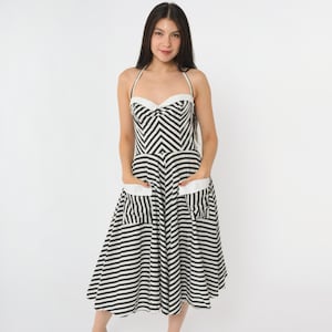 Vintage Striped Halter Sundress 80s Black White Dress Midi Sweetheart Neckline Sun Dress Summer Rockabilly Sleeveless 1980s Extra Small xs