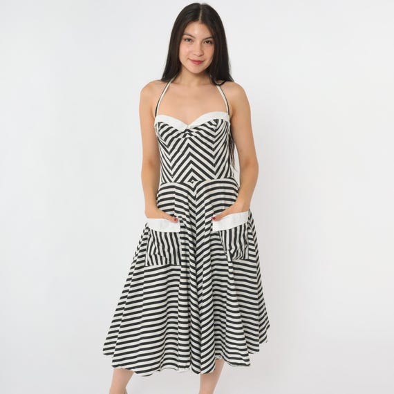 Vintage Striped Halter Sundress 80s Black White Dress Midi Sweetheart Neckline Sun Dress Summer Rockabilly Sleeveless 1980s Extra Small xs