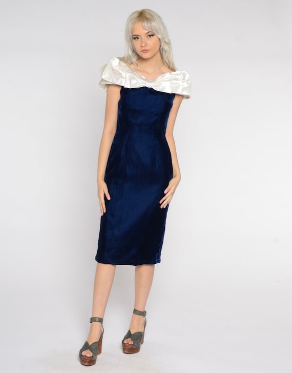 Blue Velvet Dress 80s Party Midi Dress Off Shoulder Bow Cocktail Pencil Wiggle Dress Glam Retro Going Out Dress Formal Vintage 1980s Small S