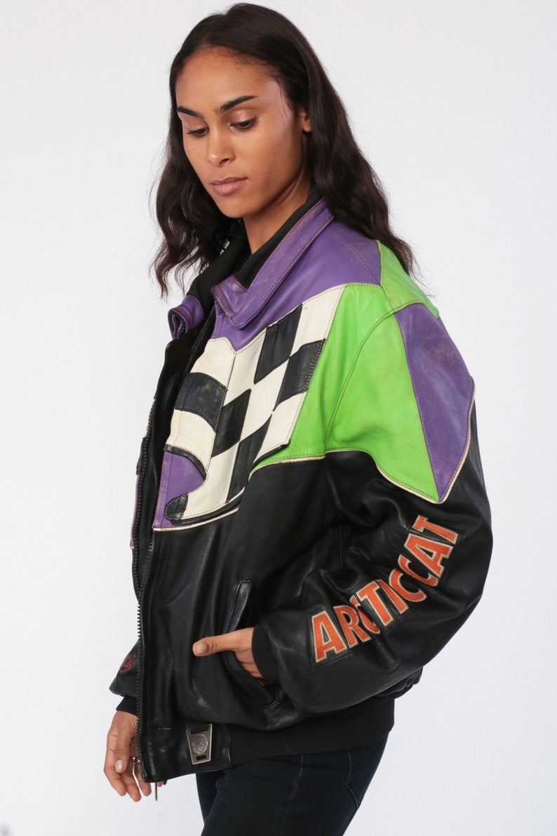 Leather Arctic Cat Jacket Neon Racing Jacket Moto Zip Up Jacket Motorcycle Jacket Black 90s Striped Retro Vintage Black Purple Green Large