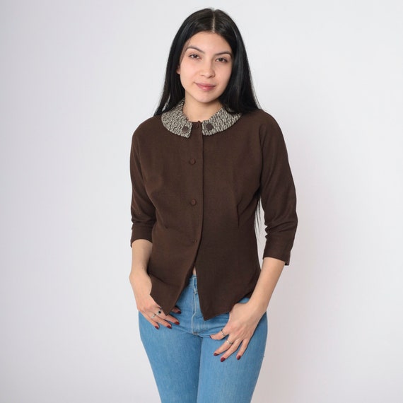Vintage 60s Brown Top Knit Collar 3/4 Sleeve Wool Blend Button-Up Retro 1960s Top Jackie O Preppy Knitwear Mad Men 1960s Small S