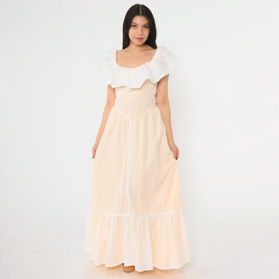 70s Prairie Gown Eyelet Lace Maxi Dress White Yellow Ruffled High Basque Waist Boho Western Cottagecore Formal Prom Vintage 1970s Small S