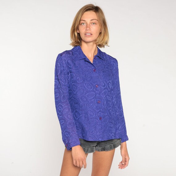 Purple Blouse 90s Button Up Shirt Abstract Swirl Print Textured Long Sleeve Collared Secretary Top Embossed Party Vintage 1990s Small S