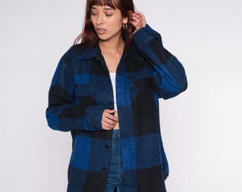 Vintage 60s Chandler Blue Black White Plaid Cotton Flannel Shirt