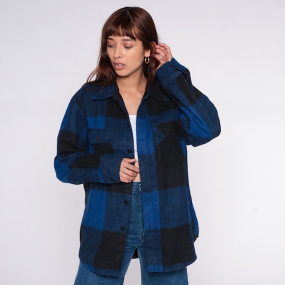 70s Plaid Flannel Shirt Blue Black Buffalo Check Long Sleeve Two Chest Pockets Grunge Lumberjack Grandpa Vintage Outdoor Camping Large L
