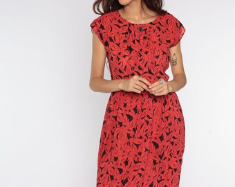 Floral Midi Dress 80s Red Black Day Dress Vintage Cap Sleeve Dress High Waist 1980s Dress Medium