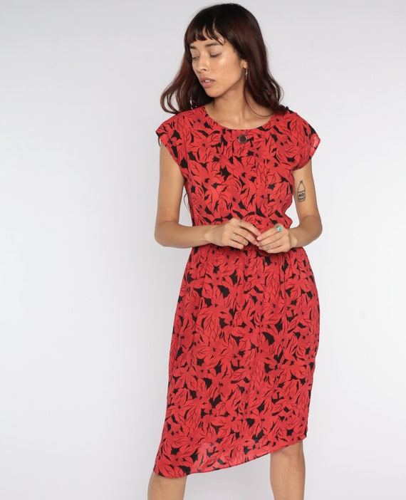 Floral Midi Dress 80s Red Black Day Dress Vintage Cap Sleeve Dress High Waist 1980s Dress Medium