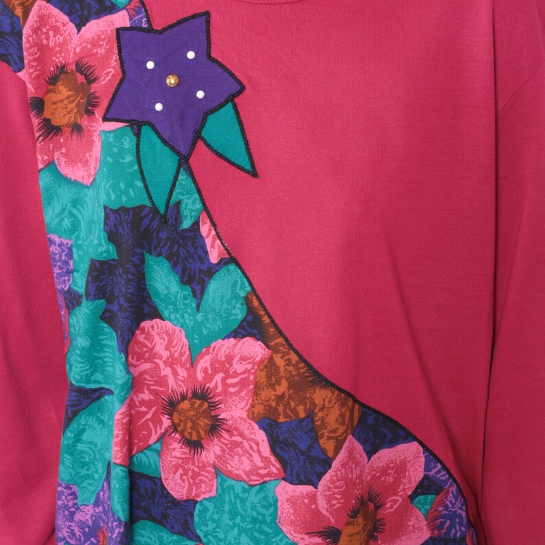 Pink Floral Top 90s Long Sleeve Shirt Pearl Beaded Flower Print Colorblock Boho Blouse Casual Hippie Green Purple Vintage 1990s Medium M image 5
