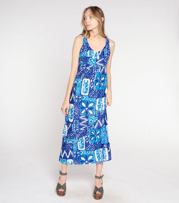 Blue Hawaiian Maxi Dress 70s Tropical Floral Tiki Print Long Dress Empire Waist Boho Summer Hippie Sleeveless Seventies Vintage 1970s Medium