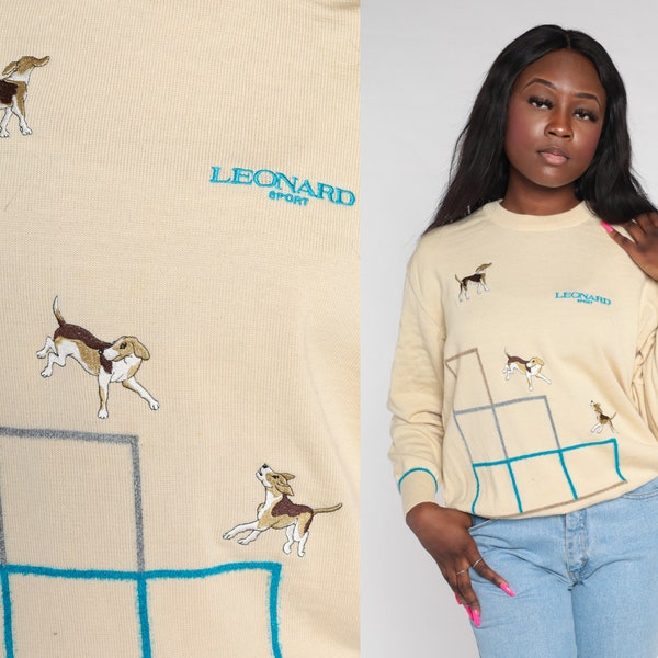 Leonard Paris Sweater Y2k Cream Knit Swearer Embroidered Dog Square Print Pullover Retro Cream Wool Blend Vintage 00s Leonard Sport Large L