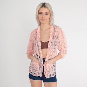 Pink Lace Jacket Top 70s Jacket Sheer Pastel Floral 3/4 Sleeve Open Front Shirt Retro Lounge Sexy Vintage 1970s Playmate Medium M