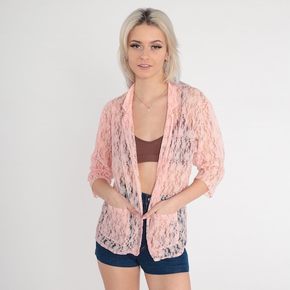 Pink Lace Jacket Top 70s Jacket Sheer Pastel Floral 3/4 Sleeve Open Front Shirt Retro Lounge Sexy Vintage 1970s Playmate Medium M