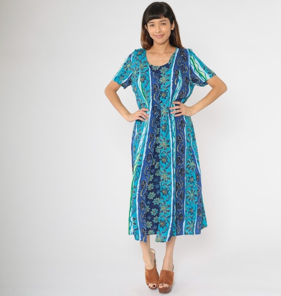 Y2K Striped Floral Dress Blue Button Up Midi Twofer Panel Ankle Length Short Sleeve Hippie Boho Day Vintage 00s Size 16 xl