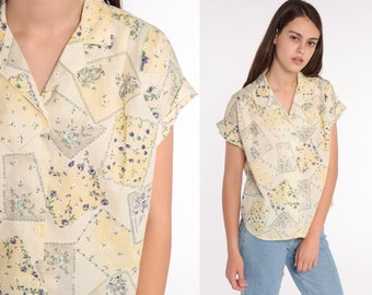 Yellow Floral Blouse 80s Button Up Shirt Short Sleeve Top Cap Sleeve Beige Romantic Boho 1980s Vintage Bohemian Medium