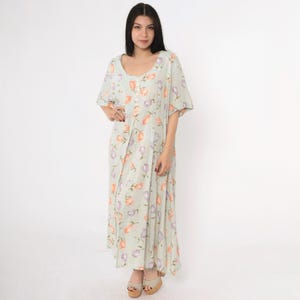 Vintage Floral Maxi Dress 90s Light Green Ankle Length Short Sleeve Button up Scoop Neck Summer Flower Print Casual Rayon Day 1990s Large 12