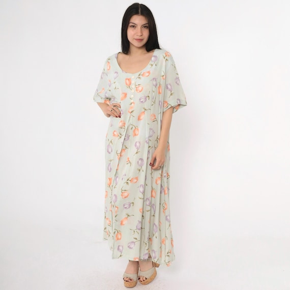 Vintage Floral Maxi Dress 90s Light Green Ankle Length Short Sleeve Button up Scoop Neck Summer Flower Print Casual Rayon Day 1990s Large 12