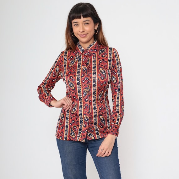 70s Paisley Shirt Dagger Collar Blouse Rust Red Psychedelic Blouse Boho Top Hippie 1970s Vintage Bohemian Button Up Long Sleeve Medium